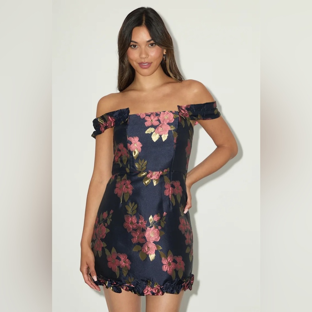 Lulus Pop the Bottle Navy Blue Floral Jacquard Ruffled Mini Dress